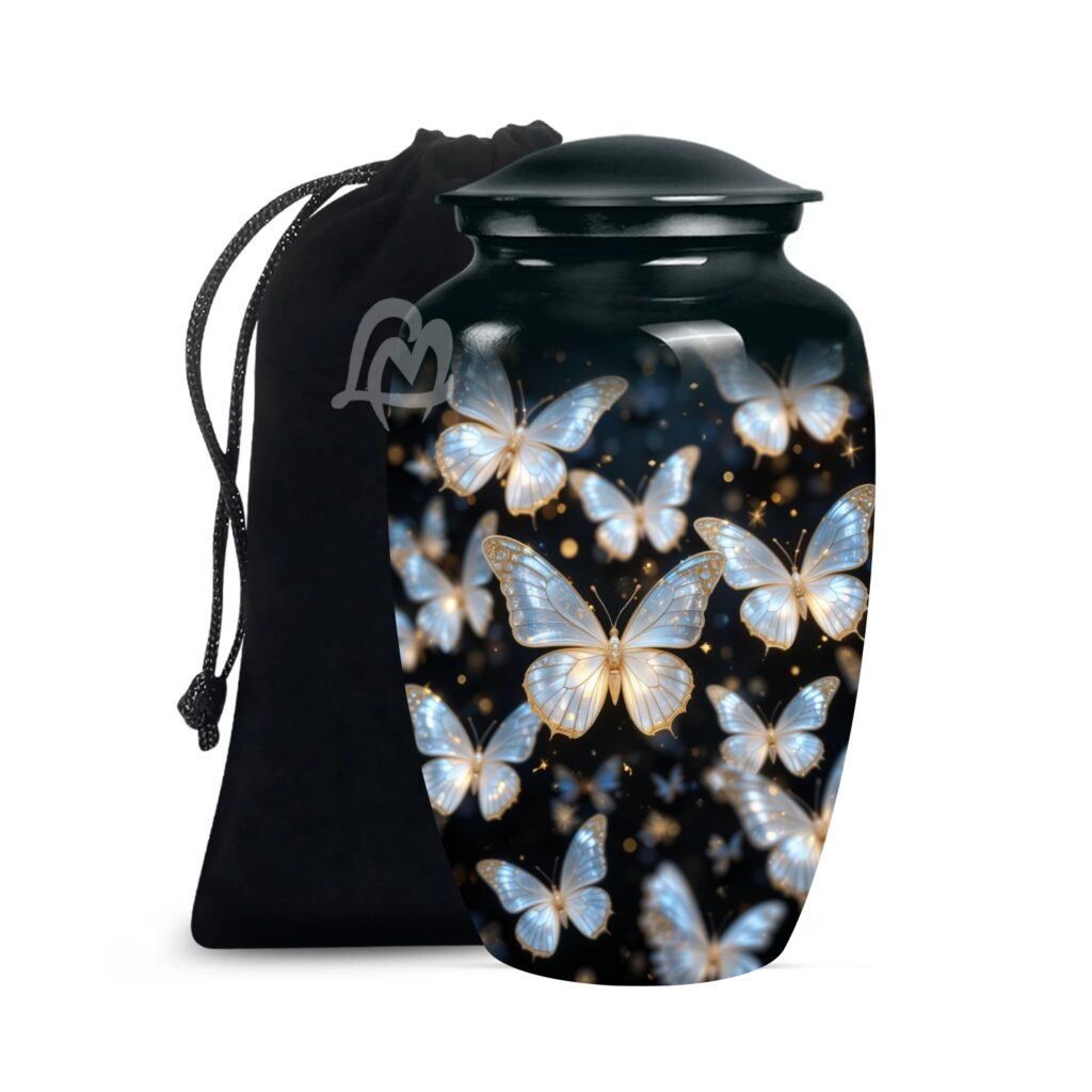 Elegant Black Theme Butterfly Cremation Urn for Human Ashes - Adult Funeral Urn Handcrafted.
