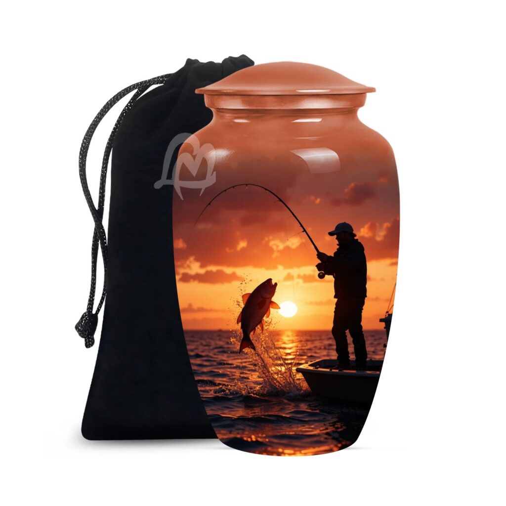 Fishing Urn Handcrafted Metal Cremation Urn for Ashes - Adult Funeral Urn for Human Ashes